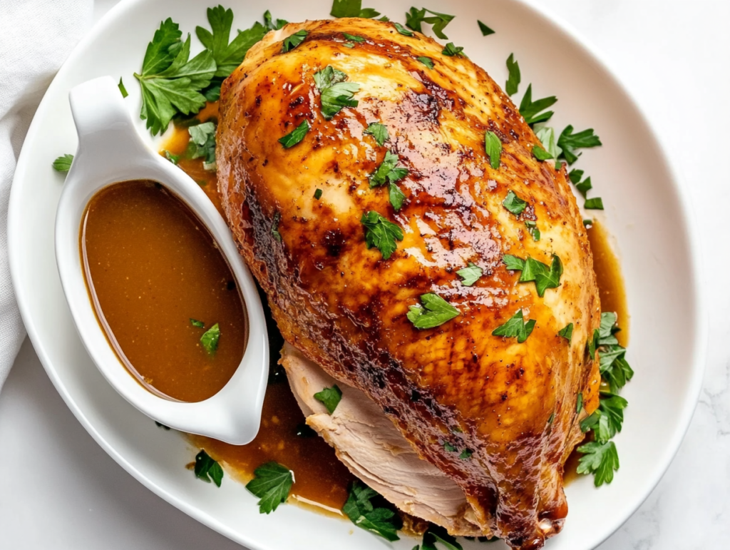 This image showcases a beautifully cooked Crockpot Turkey Breast served on a white round plate, garnished with fresh chopped cilantro and accompanied by a small bowl of gravy.