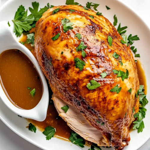 This image showcases a beautifully cooked Crockpot Turkey Breast served on a white round plate, garnished with fresh chopped cilantro and accompanied by a small bowl of gravy.