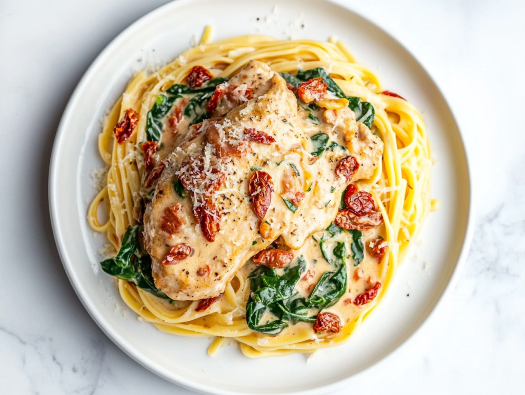 A beautifully plated dish of Crockpot Tuscan Chicken on a white round plate, featuring tender chicken breasts seasoned with Italian spices, topped with a creamy sauce made from chicken broth, heavy cream, minced garlic, sundried tomatoes, and Parmesan cheese