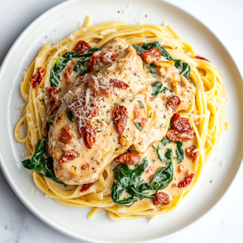 A beautifully plated dish of Crockpot Tuscan Chicken on a white round plate, featuring tender chicken breasts seasoned with Italian spices, topped with a creamy sauce made from chicken broth, heavy cream, minced garlic, sundried tomatoes, and Parmesan cheese