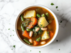 This image shows a hearty bowl of Crockpot Vegetable Soup, featuring tender chunks of potatoes, carrots, and beans in a flavorful broth, served in a white bowl.