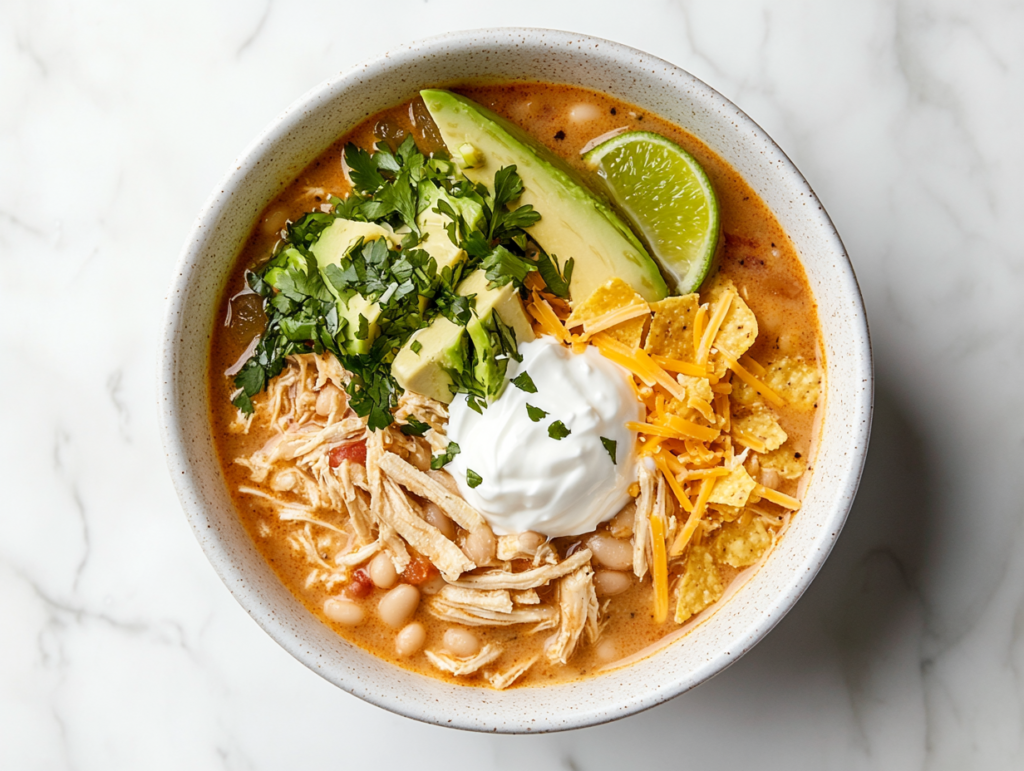 This image shows a comforting bowl of Crockpot White Chicken Chili, featuring flavors of chicken broth, white beans, green chiles, garlic, onion, cumin, oregano, salt, and cayenne pepper. The dish is garnished with a squeeze of lime juice and avocado pieces, served in a white bowl.