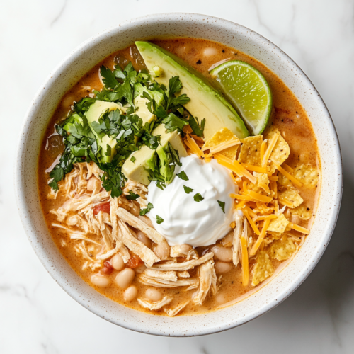 This image shows a comforting bowl of Crockpot White Chicken Chili, featuring flavors of chicken broth, white beans, green chiles, garlic, onion, cumin, oregano, salt, and cayenne pepper. The dish is garnished with a squeeze of lime juice and avocado pieces, served in a white bowl.