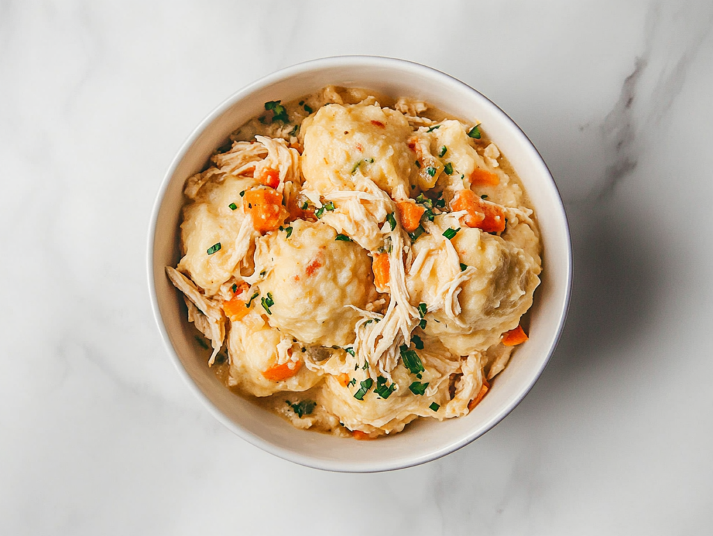 This image shows a bowl of Crockpot chicken and dumplings, featuring tender shredded chicken marinated in cream of celery and cream of chicken soups, seasoned with parsley, poultry seasoning, and pepper, served with flaky biscuit strips and vegetables in a creamy broth.