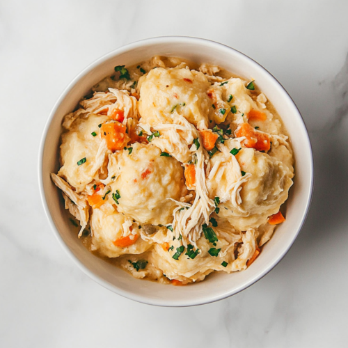 This image shows a bowl of Crockpot chicken and dumplings, featuring tender shredded chicken marinated in cream of celery and cream of chicken soups, seasoned with parsley, poultry seasoning, and pepper, served with flaky biscuit strips and vegetables in a creamy broth.