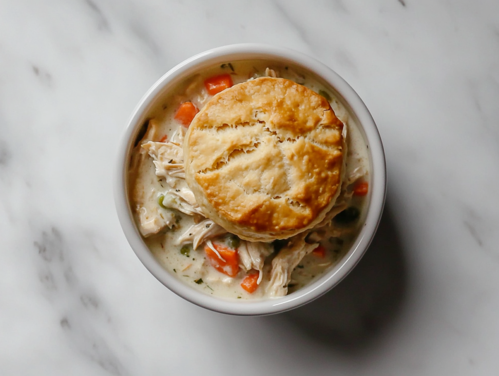 This image shows a comforting crockpot chicken pot pie served in a white bowl, topped with a golden-brown baked biscuit and filled with a creamy gravy enriched with vegetables like carrots, peas, and celery.