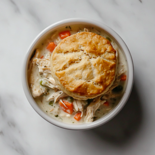 This image shows a comforting crockpot chicken pot pie served in a white bowl, topped with a golden-brown baked biscuit and filled with a creamy gravy enriched with vegetables like carrots, peas, and celery.