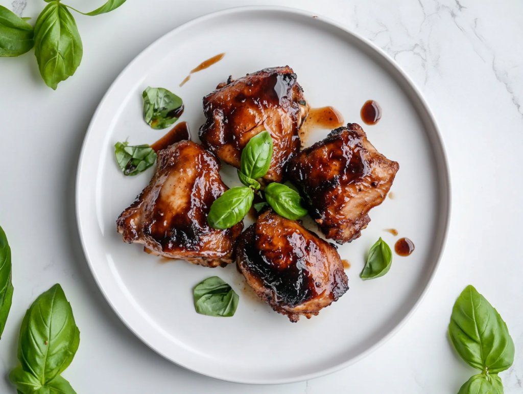 This image showcases tender crockpot chicken thighs served on a white round plate, seasoned with a glaze of soy sauce, ketchup, honey, garlic, and basil, cooked to perfection in a slow cooker.