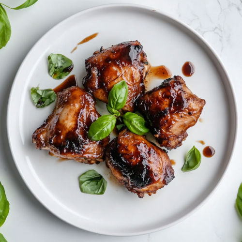 This image showcases tender crockpot chicken thighs served on a white round plate, seasoned with a glaze of soy sauce, ketchup, honey, garlic, and basil, cooked to perfection in a slow cooker.