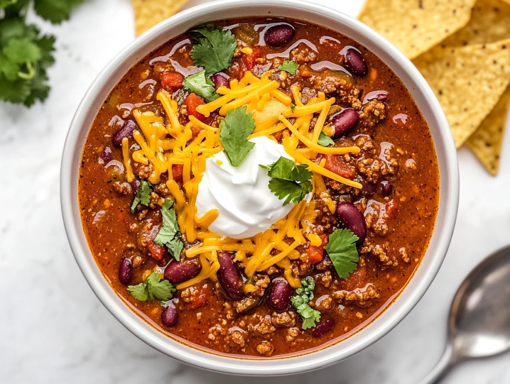 This image shows a hearty bowl of crockpot chili served in a white bowl, topped with melted shredded cheese and freshly chopped cilantro for a burst of flavor and freshness.