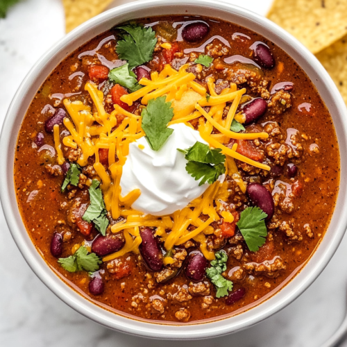 This image shows a hearty bowl of crockpot chili served in a white bowl, topped with melted shredded cheese and freshly chopped cilantro for a burst of flavor and freshness.