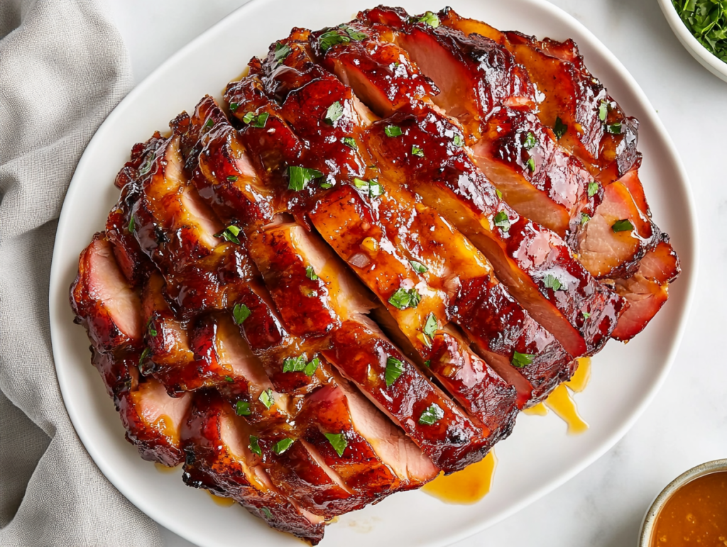 This image shows a beautifully cooked Crockpot ham served on a round plate, coated in a rich glaze made with brown sugar, Dijon mustard, and balsamic vinegar, and slow-cooked to perfection.