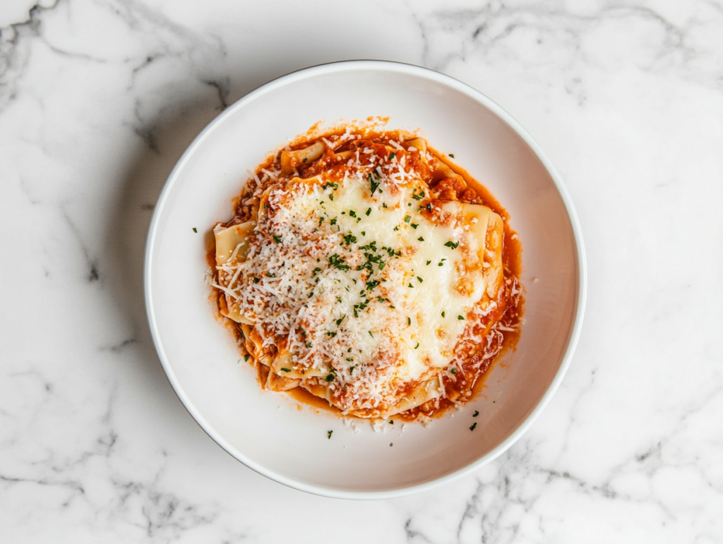 This image shows a delicious bowl of crockpot lasagna, layered with marinara sauce, gooey melted cheese, and grated parmesan for extra flavor, served warm in a white bowl.