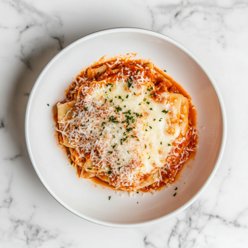 This image shows a delicious bowl of crockpot lasagna, layered with marinara sauce, gooey melted cheese, and grated parmesan for extra flavor, served warm in a white bowl.