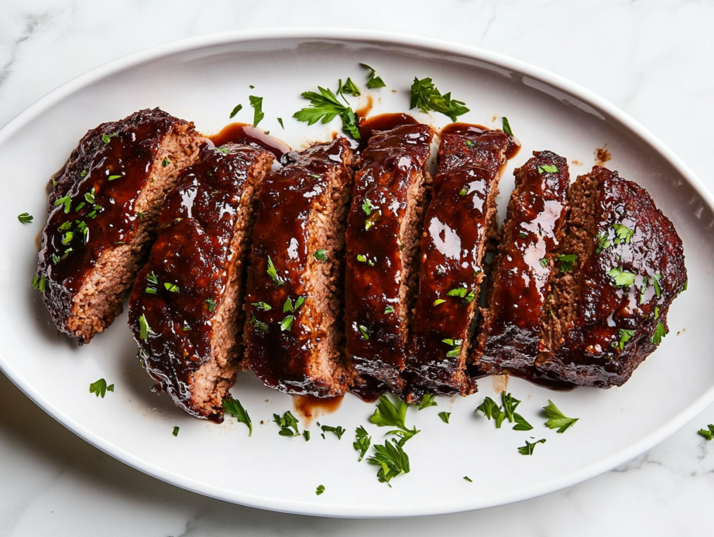 This image shows a hearty slice of crockpot meatloaf served on a white plate, garnished with fresh cilantro for a pop of color, alongside a side of vegetables for a complete and comforting meal.