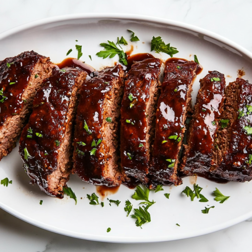 This image shows a hearty slice of crockpot meatloaf served on a white plate, garnished with fresh cilantro for a pop of color, alongside a side of vegetables for a complete and comforting meal.