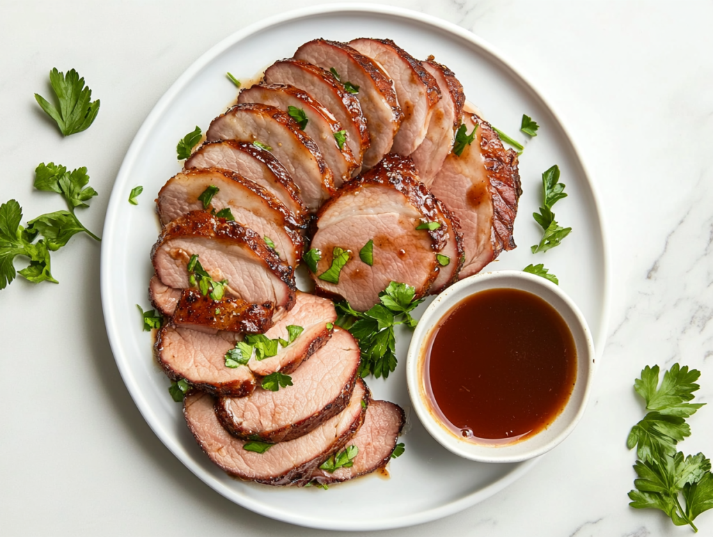 This image shows a beautifully cooked crockpot pork loin served on a round white plate, with the savory flavors of wine and soy sauce drizzled over the tender pork. The rich cooking liquid is served on the side, adding depth to the dish.