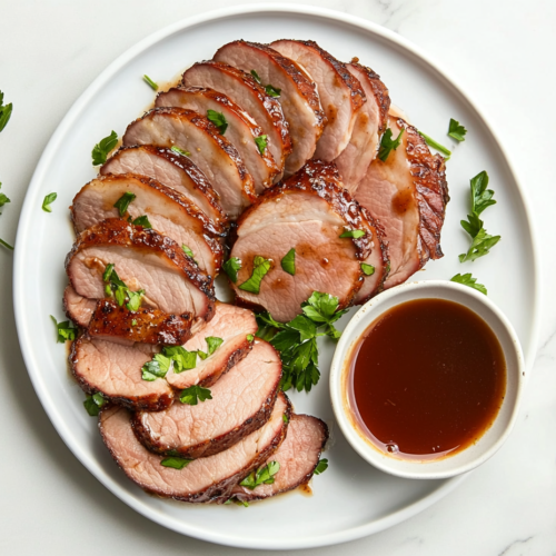 This image shows a beautifully cooked crockpot pork loin served on a round white plate, with the savory flavors of wine and soy sauce drizzled over the tender pork. The rich cooking liquid is served on the side, adding depth to the dish.