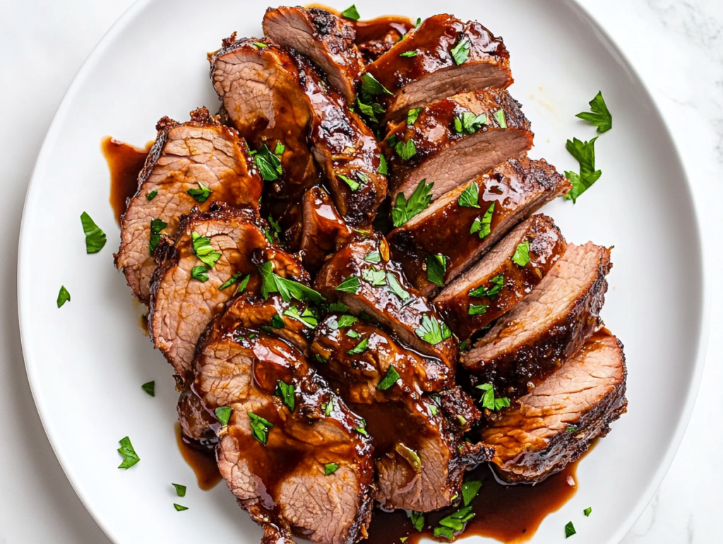 this image shows round white plate holds a tender crockpot pork tenderloin soaked in a rich sauce made from BBQ sauce, mustard, chili powder, and spices, served as a comforting and hearty dish.