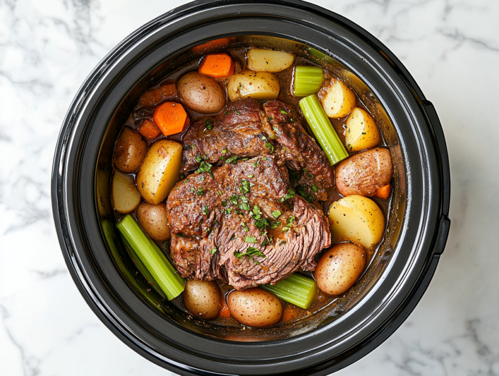 This image shows a hearty crockpot pot roast served in a black slow cooker, featuring tender chunks of beef surrounded by perfectly cooked carrots, potatoes, and onions for a comforting meal.