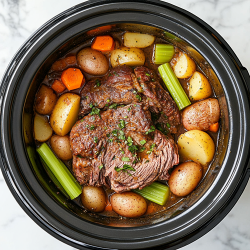 This image shows a hearty crockpot pot roast served in a black slow cooker, featuring tender chunks of beef surrounded by perfectly cooked carrots, potatoes, and onions for a comforting meal.