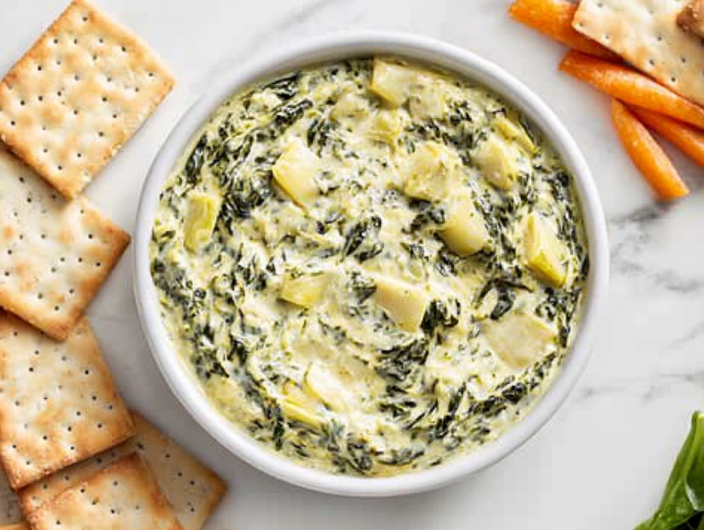 This image shows a white bowl filled with creamy crockpot spinach artichoke dip, topped with sautéed onions, jalapeño peppers, and other vegetables, served as a flavorful appetizer.