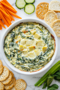 This image shows creamy spinach artichoke dip served in a white bowl, surrounded by crispy tortilla chips, carrot sticks, and celery, ready to be enjoyed as a delicious appetizer.