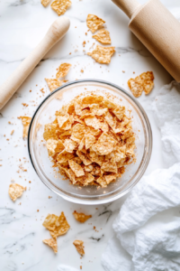 This image depicts a mixing bowl filled with crushed chips, flour, and seasonings being stirred together to create the perfect dry coating for vegan nuggets.