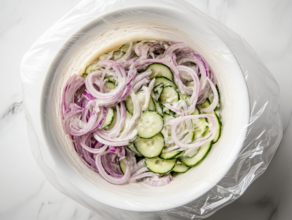 This image shows a fresh cucumber salad in a white bowl, with cucumbers and onions evenly coated in creamy dressing, covered with plastic wrap, ready for refrigeration.