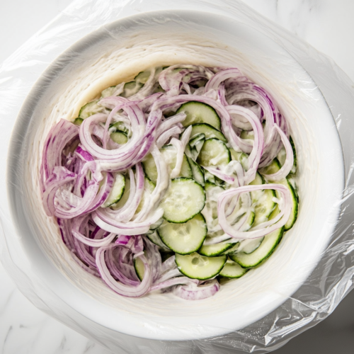 This image shows a fresh cucumber salad in a white bowl, with cucumbers and onions evenly coated in creamy dressing, covered with plastic wrap, ready for refrigeration.