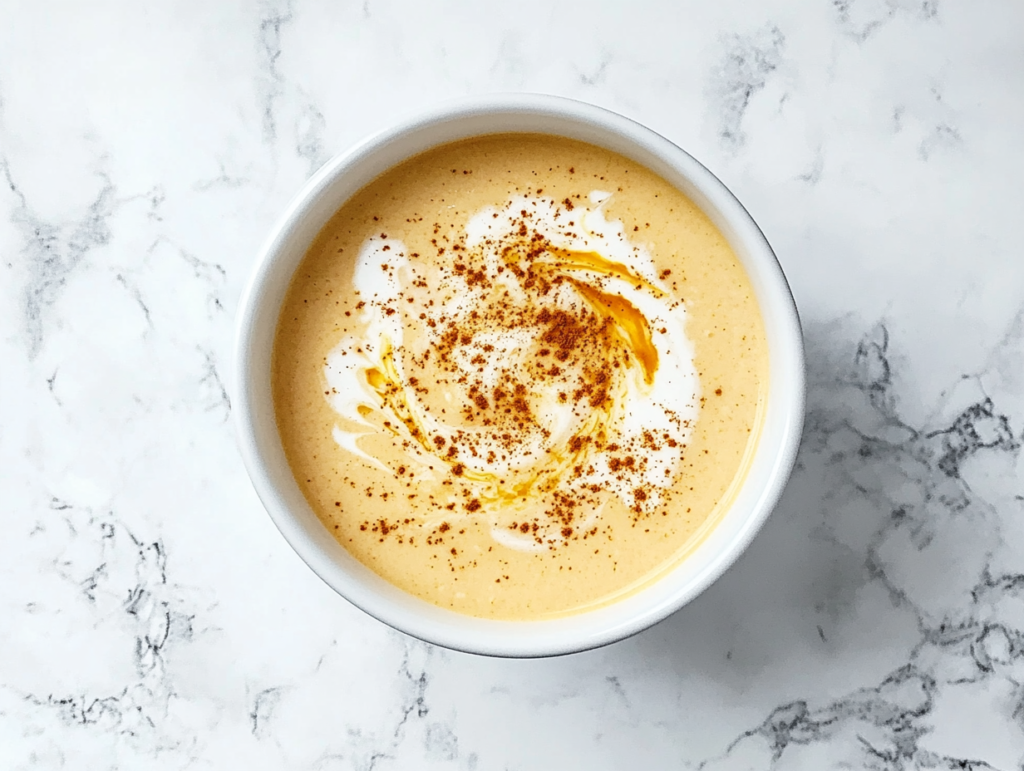 This image shows a creamy curried cauliflower sweet potato soup served in a white ceramic bowl, infused with coconut milk, curry, and cumin, and garnished with a swirl of coconut milk and powdered cinnamon for a warm and flavorful presentation.