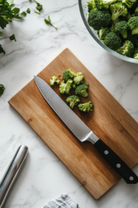 This image shows fresh broccoli being cut into small, bite-sized florets and placed in a large serving bowl as the salad base.