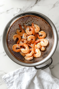 this image shows Boiled shrimp being drained in a colander, cooling down for chopping.