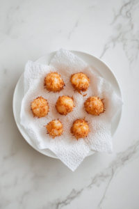 this image shows Fried shrimp being placed on paper towels to remove excess oil, ensuring they stay crispy.