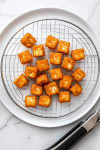 This image shows crispy tofu pieces being placed on paper towels to drain excess oil, ensuring a light and crunchy texture.