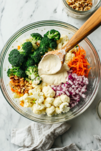 this image shows Dressing being poured over the salad, evenly coating the vegetables.