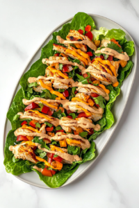 This image shows garlic-lime sauce being drizzled over the keto chicken taco lettuce wraps, completing the dish with a burst of flavor before serving.