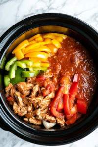 A rich salsa and seasoning mixture is poured over the layers of chicken, peppers, and onions in the slow cooker.