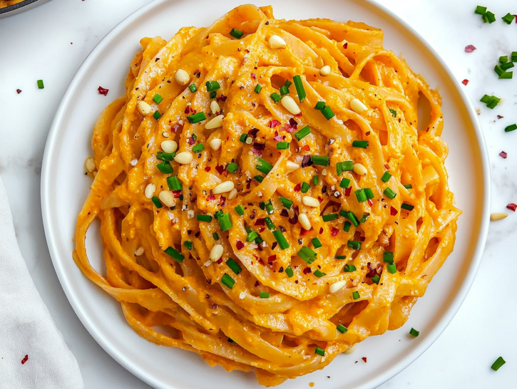 this image shows A beautifully plated serving of sweet potato fettuccine garnished with chopped spring onions, white sesame seeds, and chili flakes, served on a white round plate for a flavorful and vibrant meal.