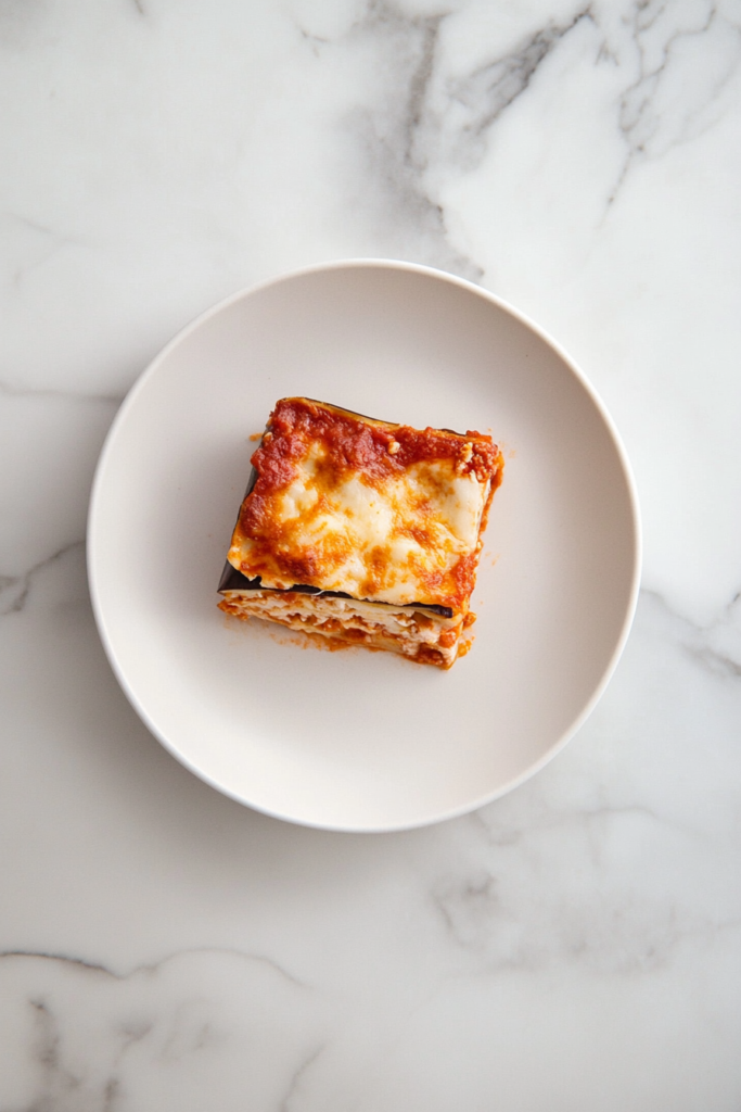 This image shows a square piece of eggplant lasagna placed on a white round plate, layered with ricotta cheese, Parmesan, eggs, and seasoned with salt and pepper, creating a rich and hearty vegetarian dish.