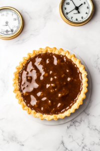 This image shows the treacle filling being poured into the pre-baked tart crust, ready to be baked into a golden, delicious Vegan Treacle Tart.