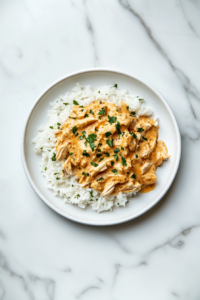 The creamy shredded chicken mixture is heated in the Crockpot to let the flavors meld perfectly before serving.