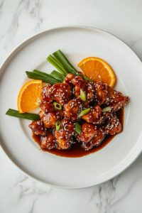 This image shows the final presentation of Crockpot Orange Chicken on a round white plate, garnished with sesame seeds, green onions, and orange slices on the side, ready to serve.