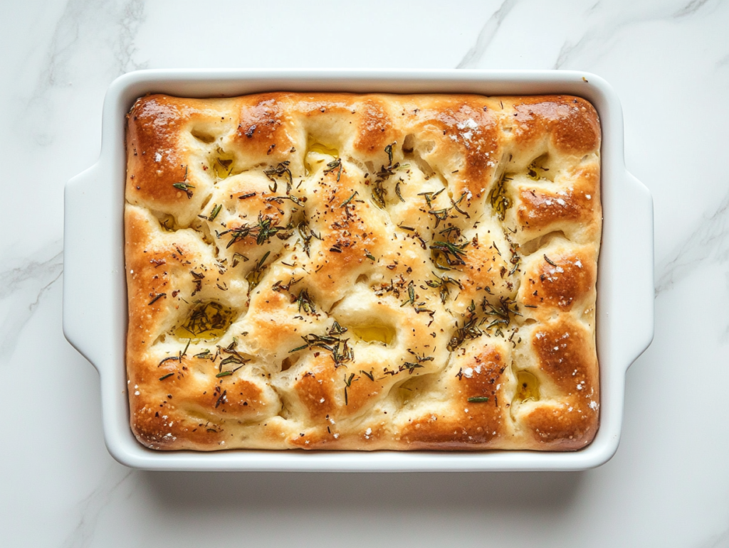 this image shows freshly baked square-shaped Focaccia bread in a white dish with a golden crust and soft texture, made by allowing the dough to rise at room temperature.