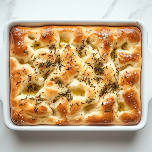 this image shows freshly baked square-shaped Focaccia bread in a white dish with a golden crust and soft texture, made by allowing the dough to rise at room temperature.