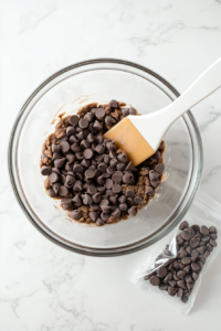 close-up of salted caramel cookie dough with chocolate chips and caramel pieces being folded in evenly, ensuring every bite is packed with gooey sweetness.