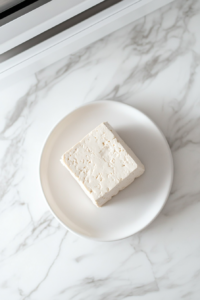 This image shows tofu being placed in the freezer, later thawed to enhance texture for the vegan fried chicken recipe.