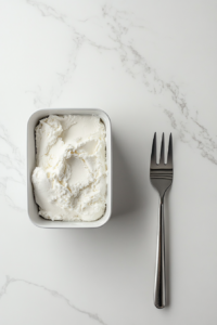 This image shows leftover vegan whipped cream being stored in a container for freezing, preserving it for later use.