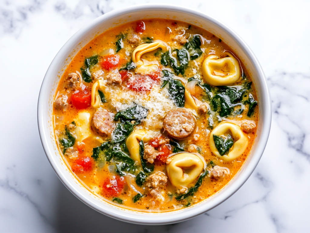 This image shows a creamy French Tortellini Soup served in a white bowl, featuring tender tortellini, vibrant carrots, and a topping of shredded cheese for added creaminess.