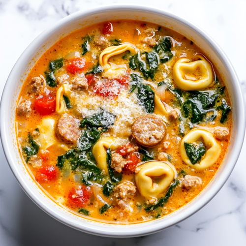 This image shows a creamy French Tortellini Soup served in a white bowl, featuring tender tortellini, vibrant carrots, and a topping of shredded cheese for added creaminess.